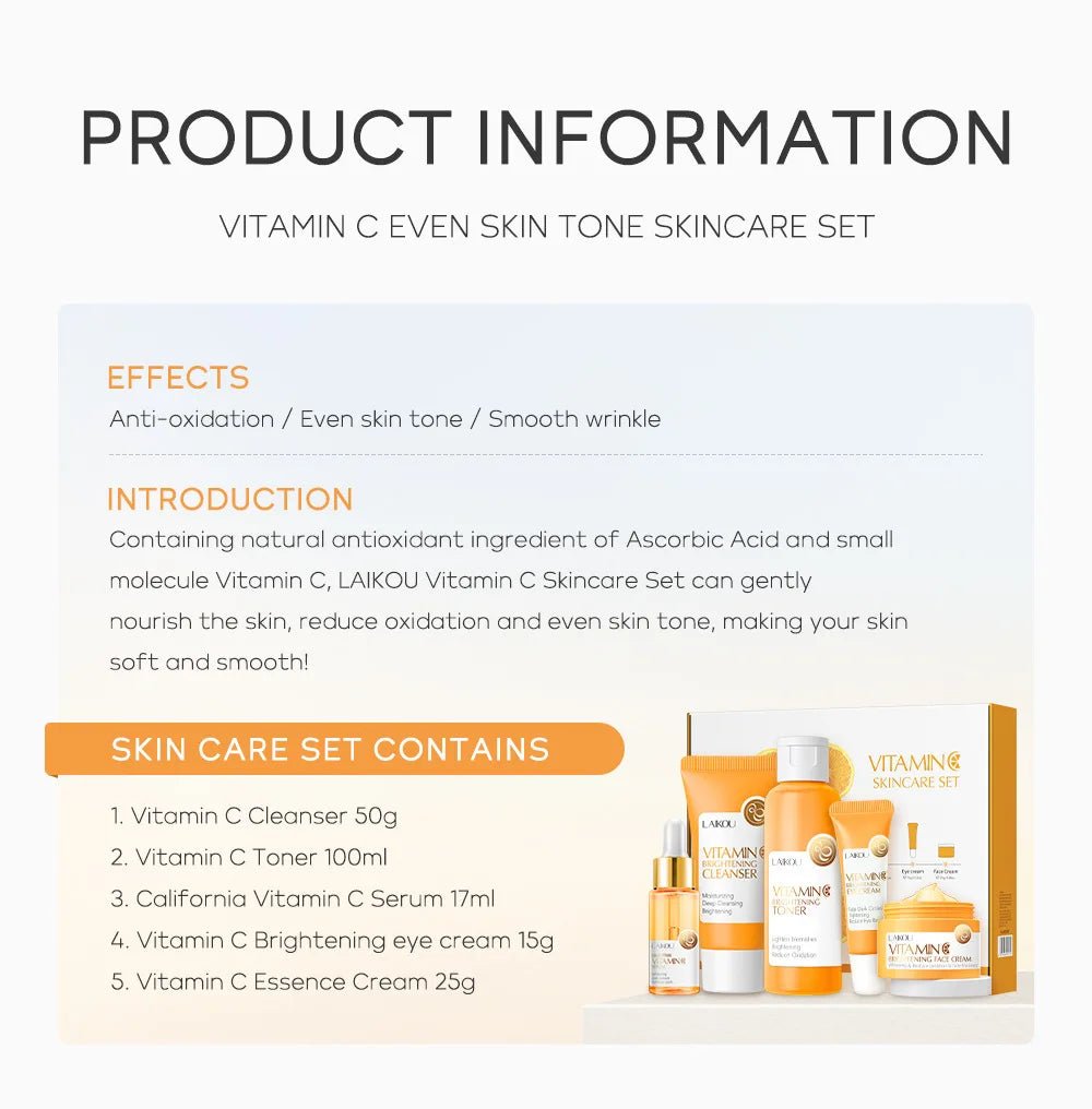 Laikou - coffret soin visage vitamine C organique, éclaircissant et hydratant 5 pièces - Rosalinaboutique